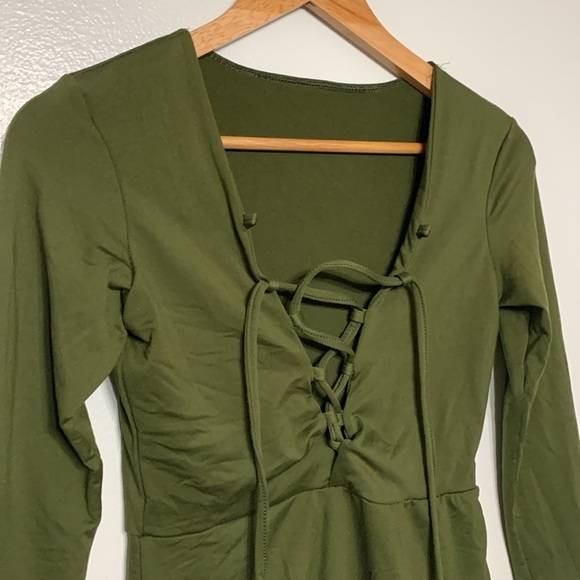 Forest Green Lattice Lace Up Long Sleeve Jersey Knit Body Suit Size M - Picture 2 of 6